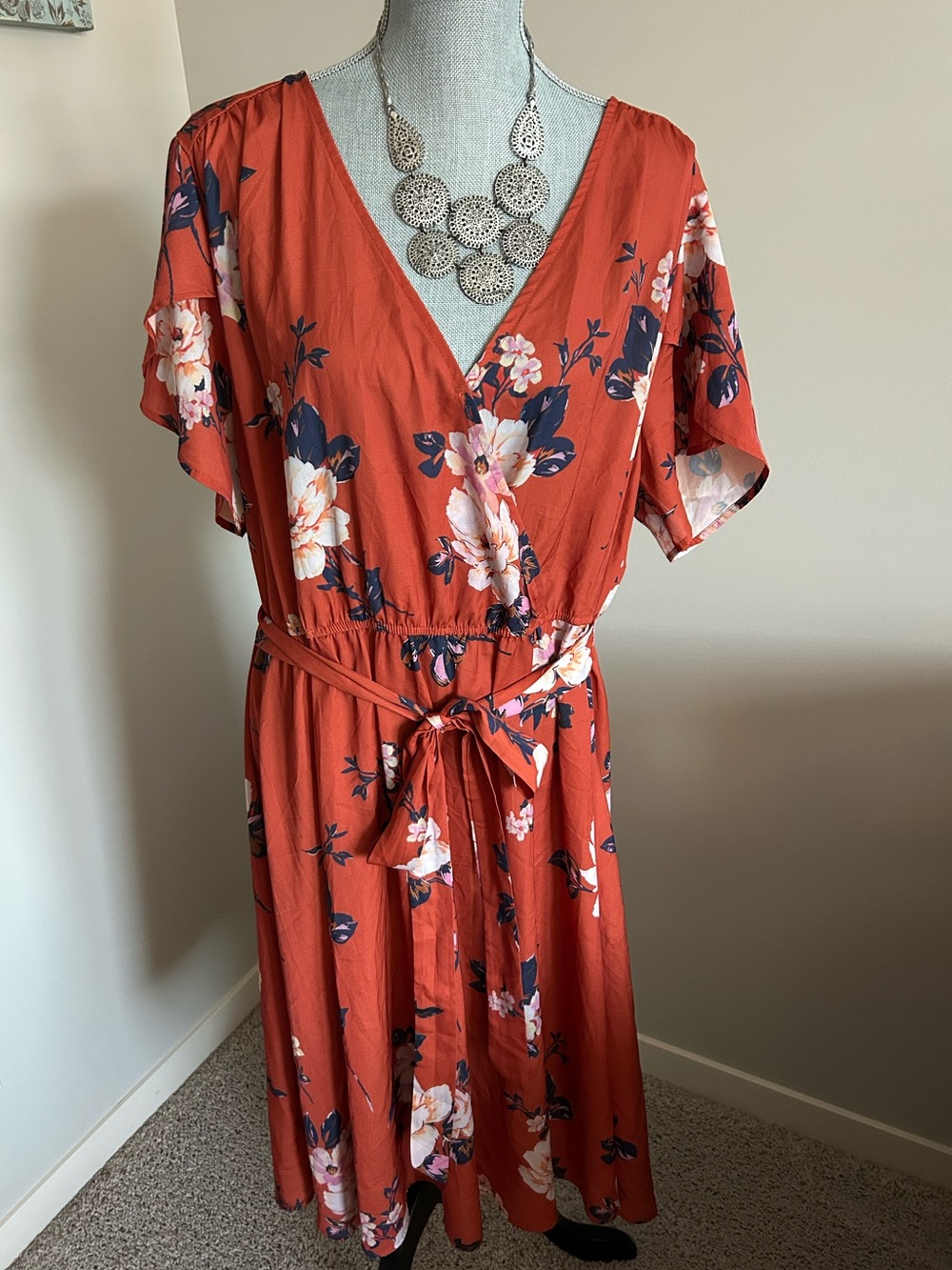 BloomChic Rust Floral Wrap Midi Dress with Navy & Cream Accents